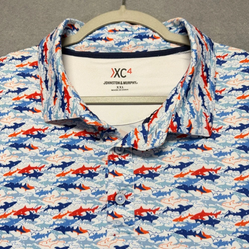 Johnston & Murphy XC4 Mens XXL Shark Print Performance Golf‎ Polo Blue Red White